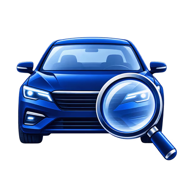 Blue car inspected with a magnifying glass