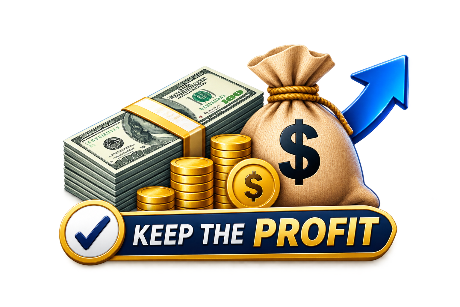 Cash, gold coins and money bag in front of a rising arrow