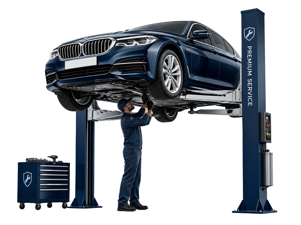 Vehicle raised on a service lift